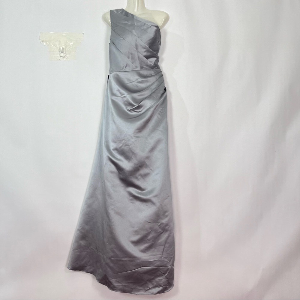 Silver Satin Like One Shoulder Gathered Ruched Dress Sz 10 NWT